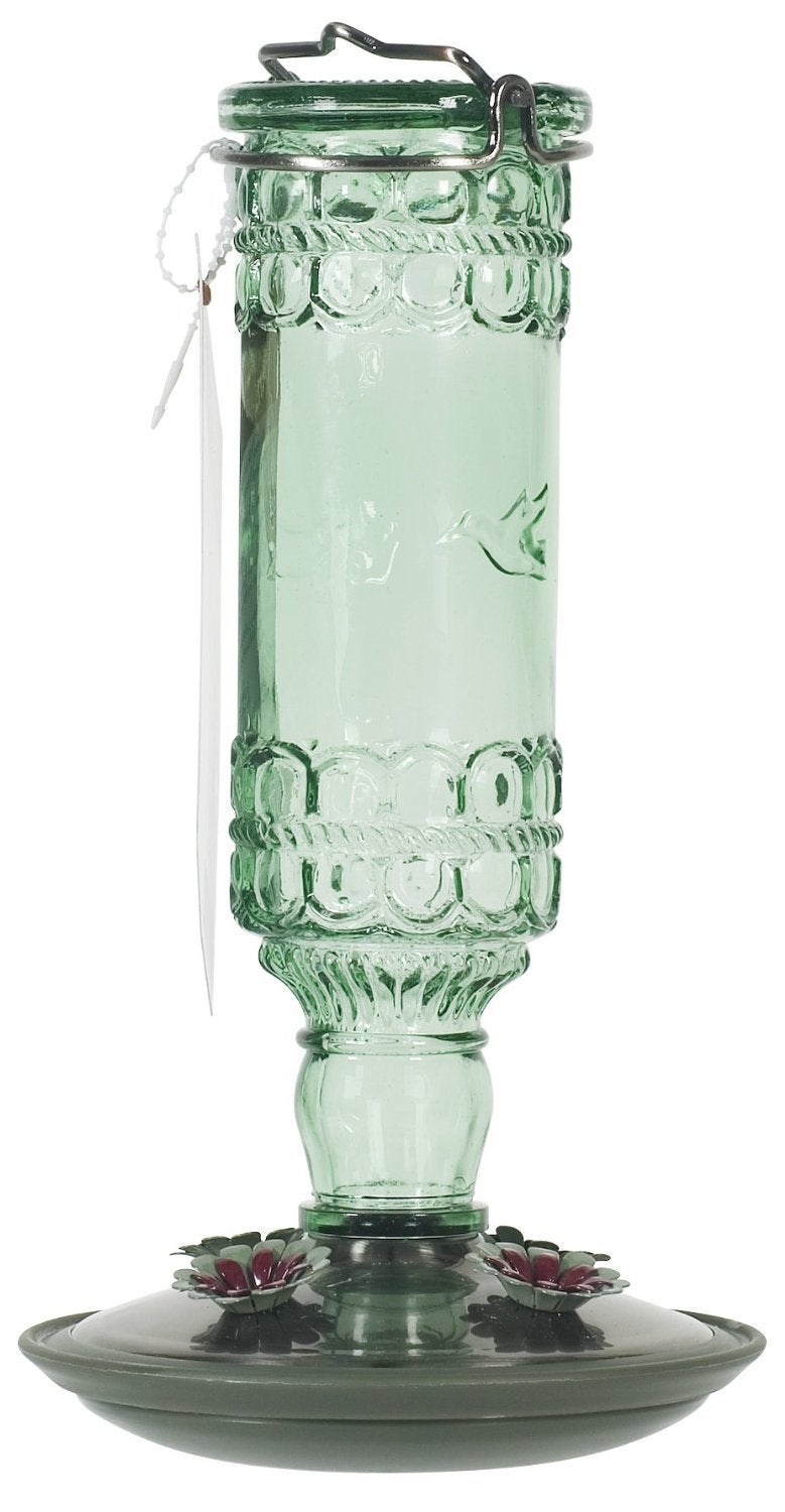 Perky-Pet Glass Bottle Hummingbird Feeder - Outdoor Garden DÃ©cor Humming bird Feeder, 8108-1SR - 10 Fl Oz Nectar Capacity - Durable Green Antique Design - Hang from Tree, Porch, Deck, Hook
